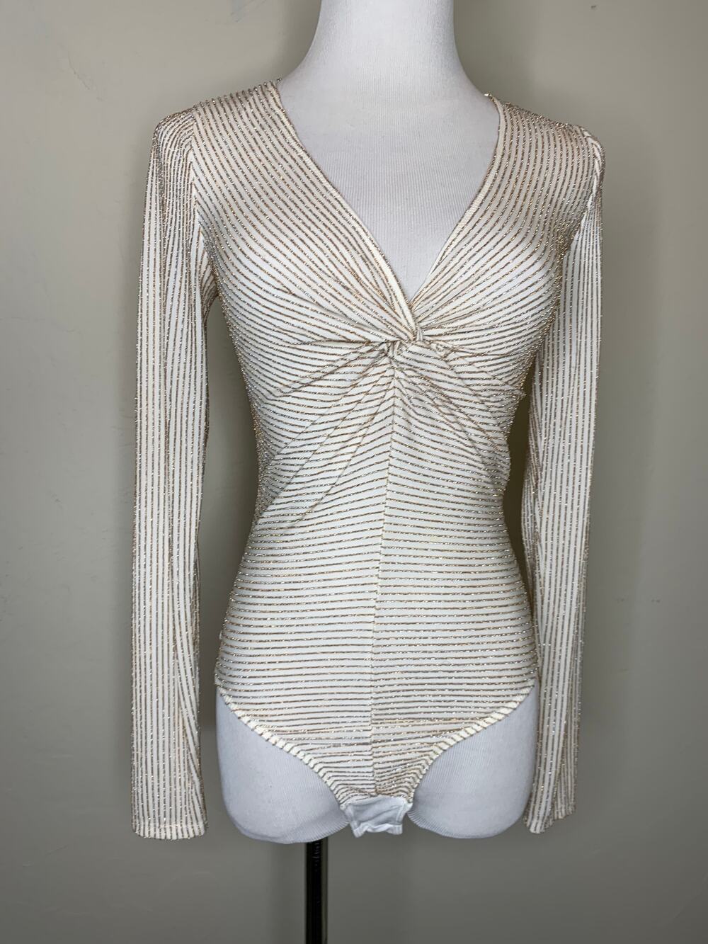 Francesca's Cream Gold Bodysuit Twist Bust Sz XS Coquette Glam